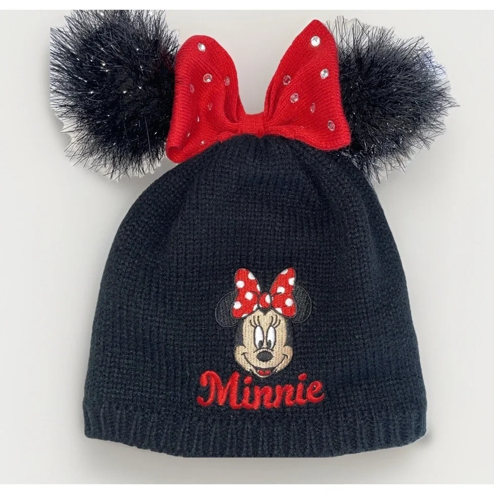 Disney Minnie Mouse Beanie Black Sparkling Fuzzy‎ Ears Red Bow With  Rhinestones